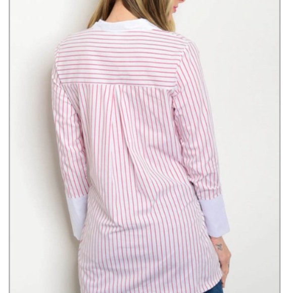 Women Pink Waist Tie Pinstriped Poplin Shirt - Picture 2 of 2